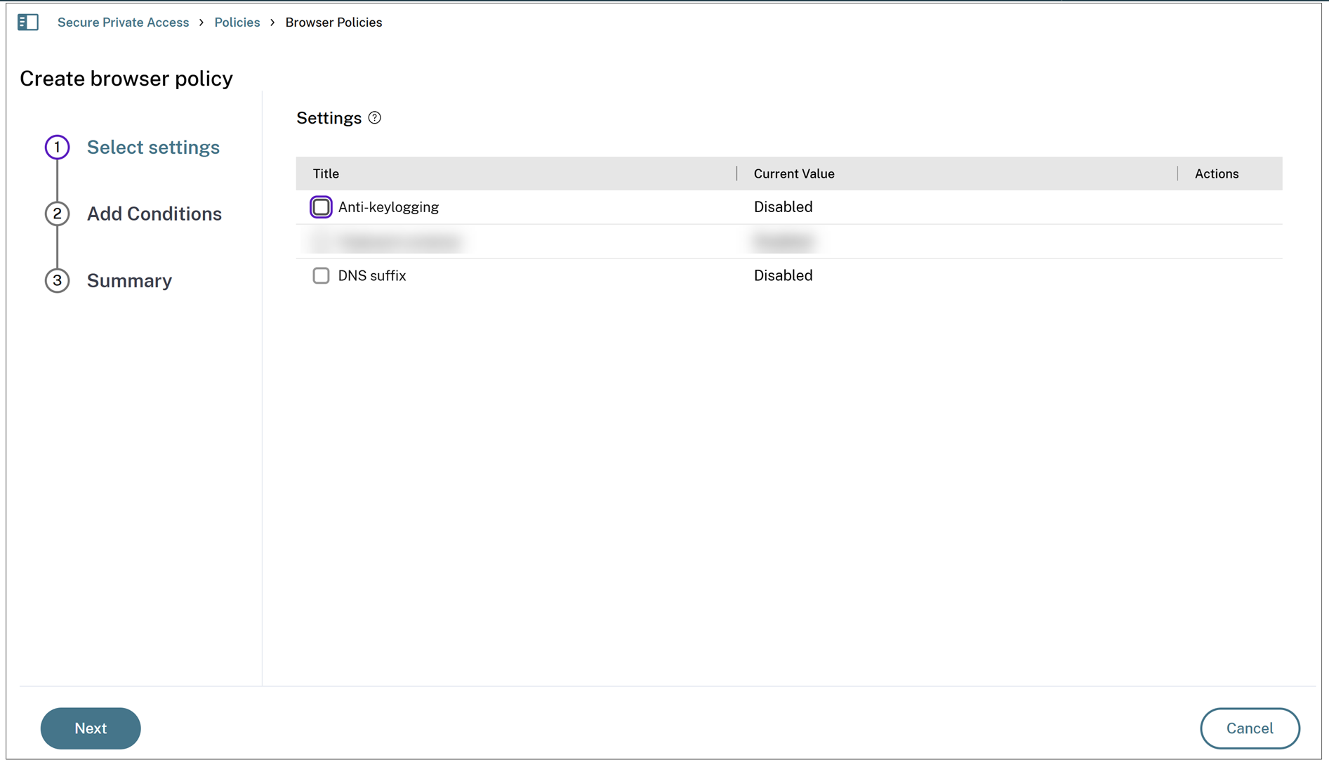 Select the browser policy setting