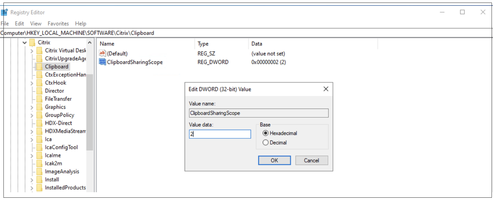 Clipboard container registry value