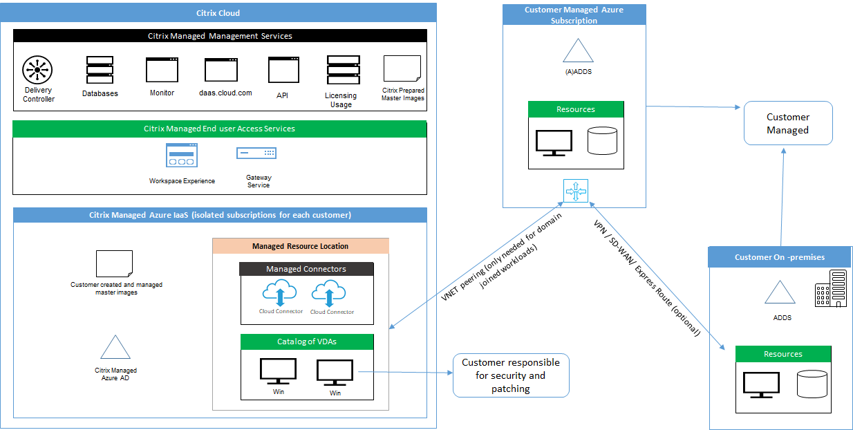 Componentes de Citrix Virtual Apps and Desktops Service y conexión de emparejamiento de redes virtuales de Azure