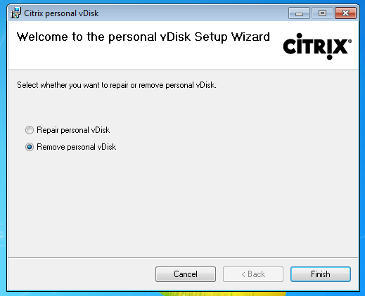 Remove personal vDisk dialog box
