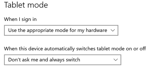 Abbildung der Tabletmodus-Einstellungen