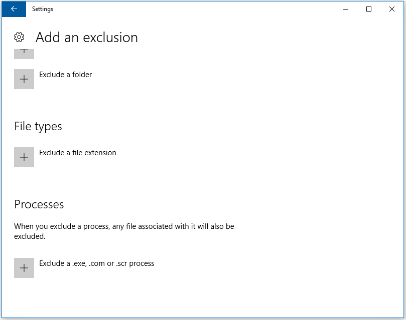 Select processes in Windows Defender exclusion
