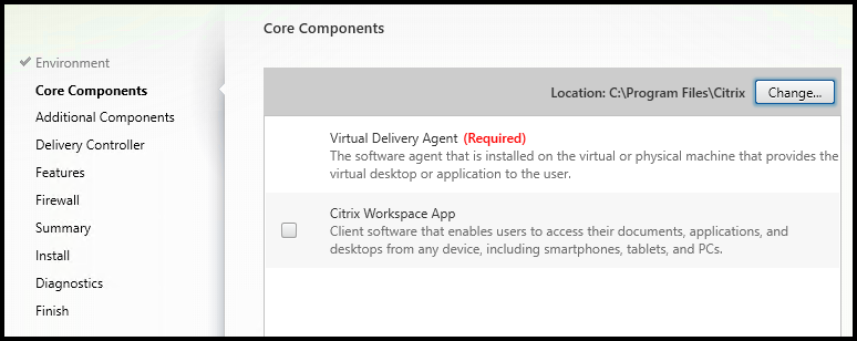 Core components page in VDA installer