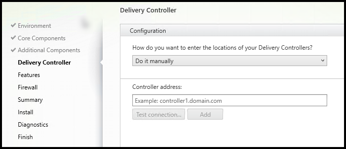 VDA 安装程序中的“Delivery Controller”页面