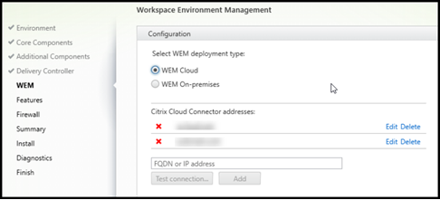 Especificación de Cloud Connectors para WEM en el instalador de VDA