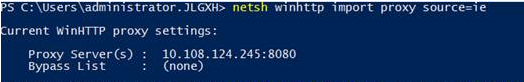 Exemplo de execução do comando netsh ao configurar um servidor proxy