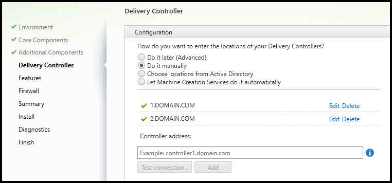 Pagina Delivery Controller nel programma di installazione VDA