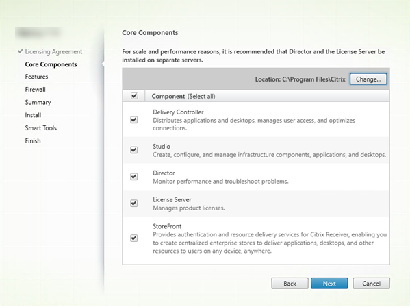 Core components page in component installer