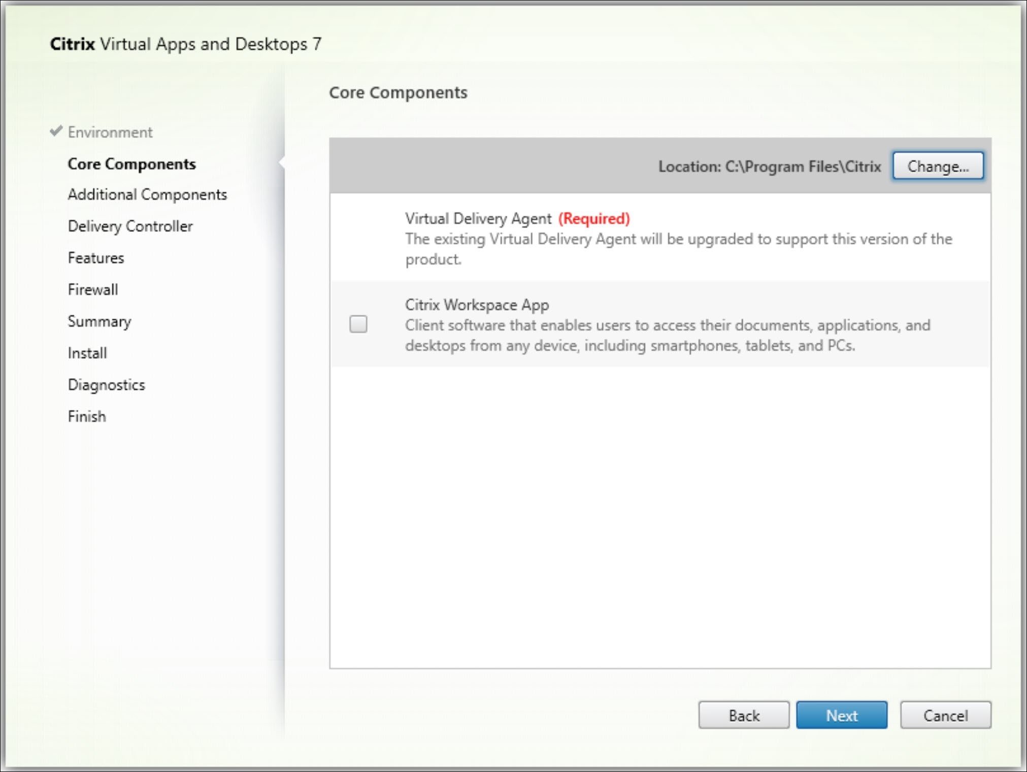 Core components page in VDA installer