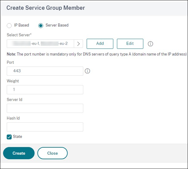 Screenshot of Create service group member page