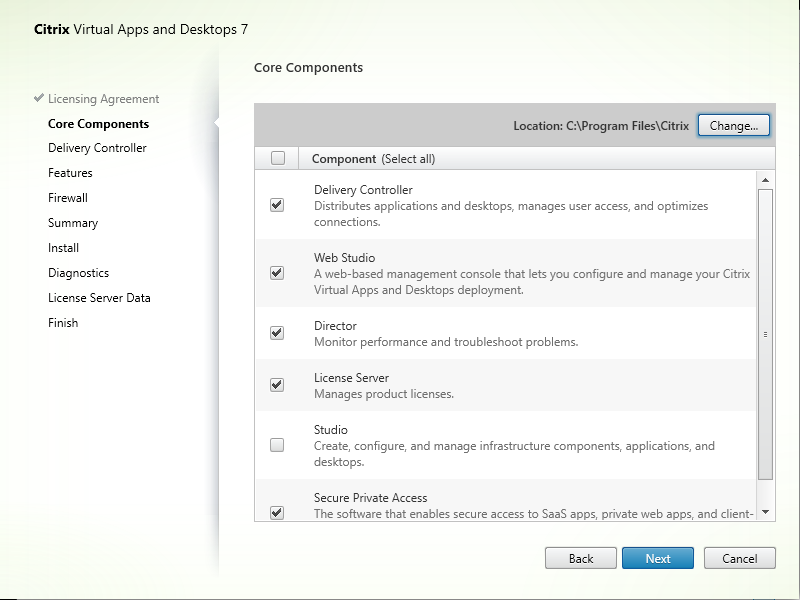 Core components page in component installer