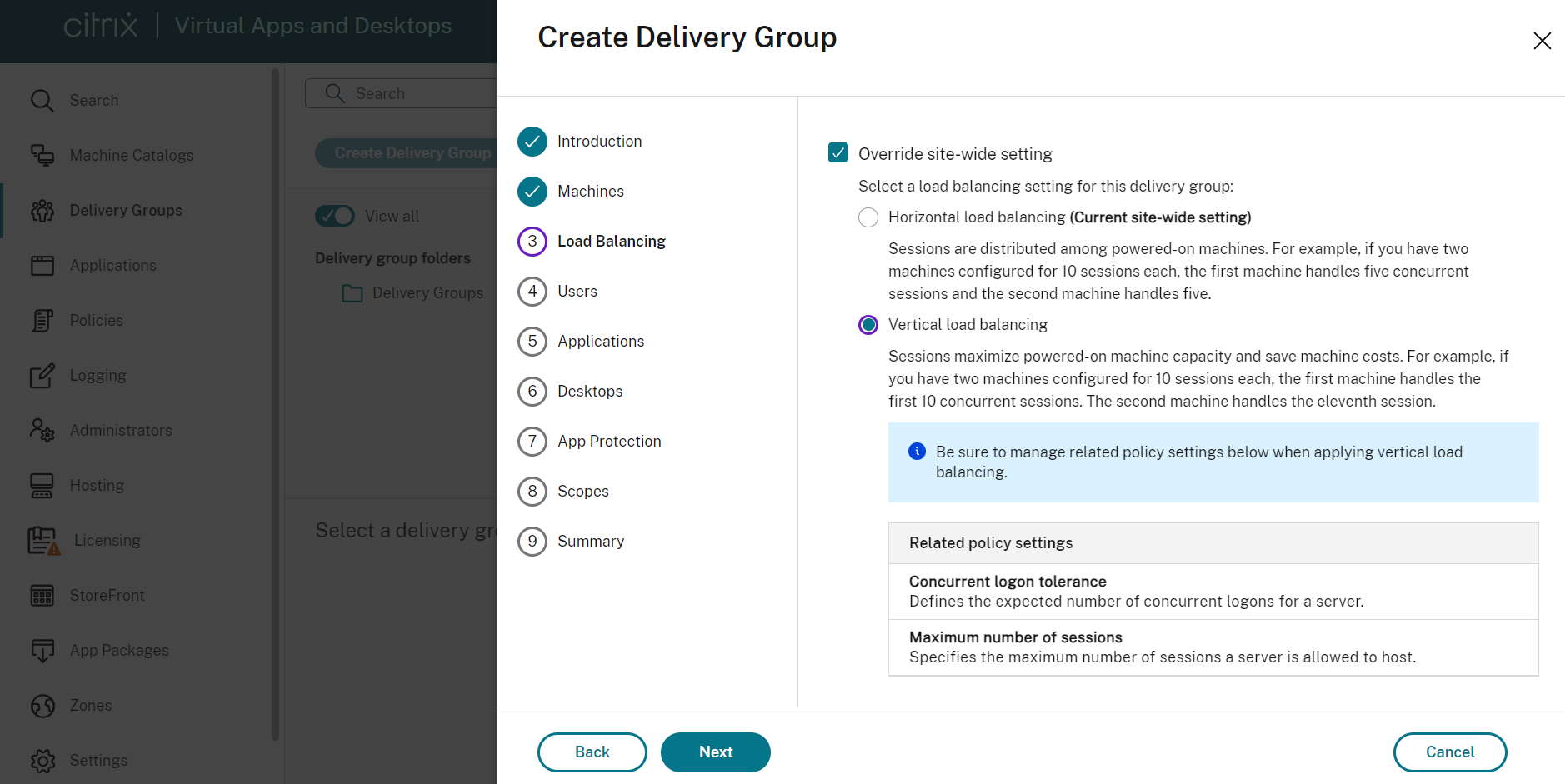 Policy settings for Vertical Load Balancing while creating or editing a delivery group