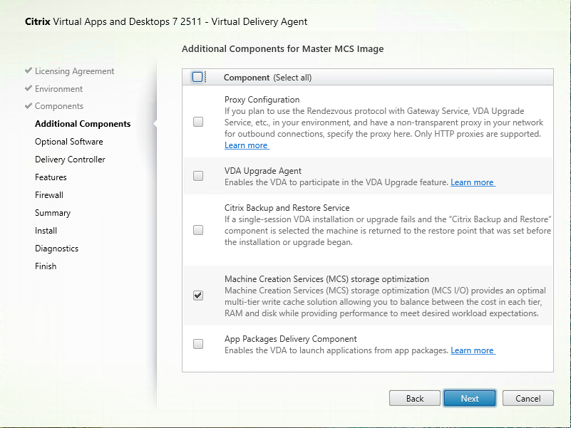 Additional Components page in VDA installer