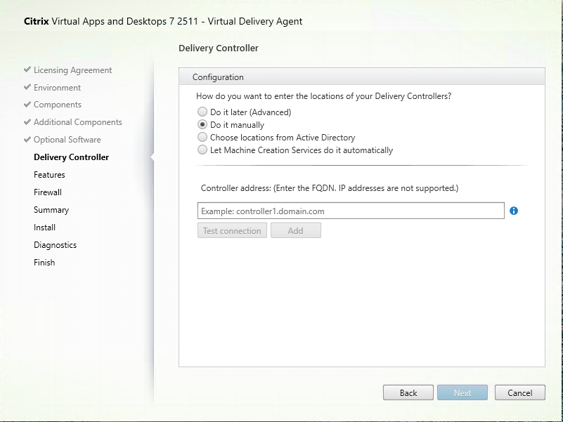 Delivery Controller page in VDA installer