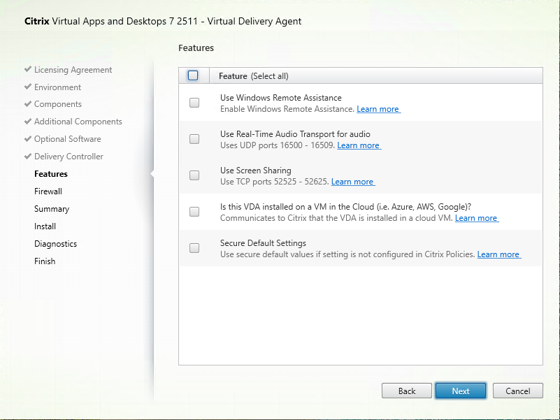 Features page in VDA installer