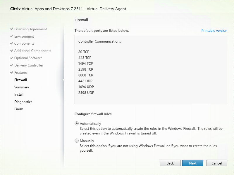 Firewall page in VDA installer