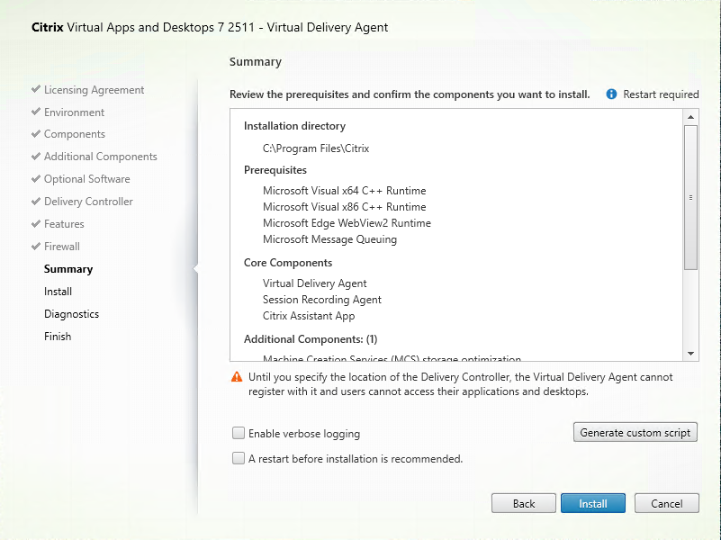 Summary page in VDA installer