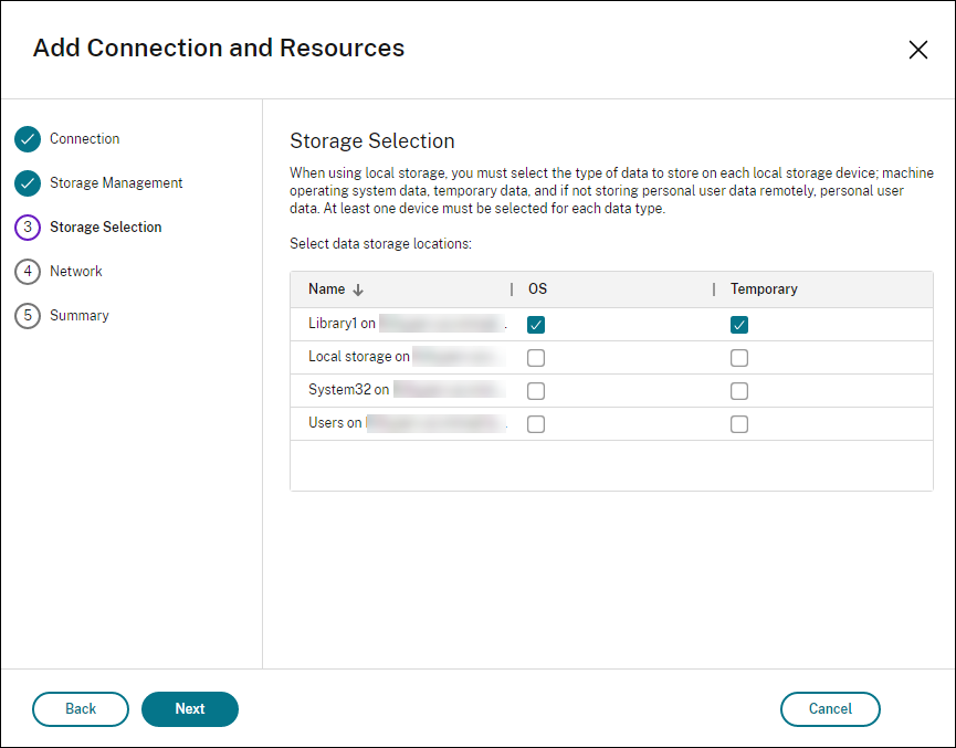 Storage selection page in the Create Connection wizard