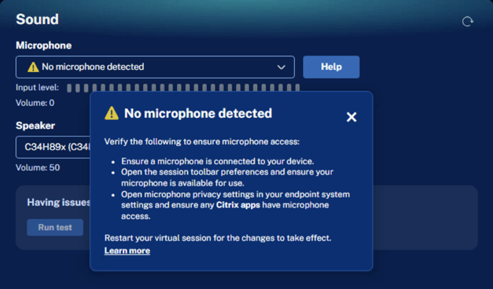 Citrix Assistant app Sound page-no microphone-troubleshooting