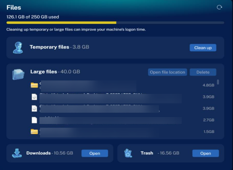 Citrix Assistant app Files page-capacity usage