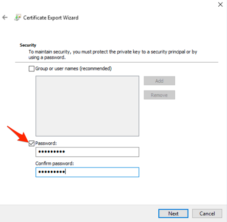 Screenshot of Certificate Export Wizard, security step