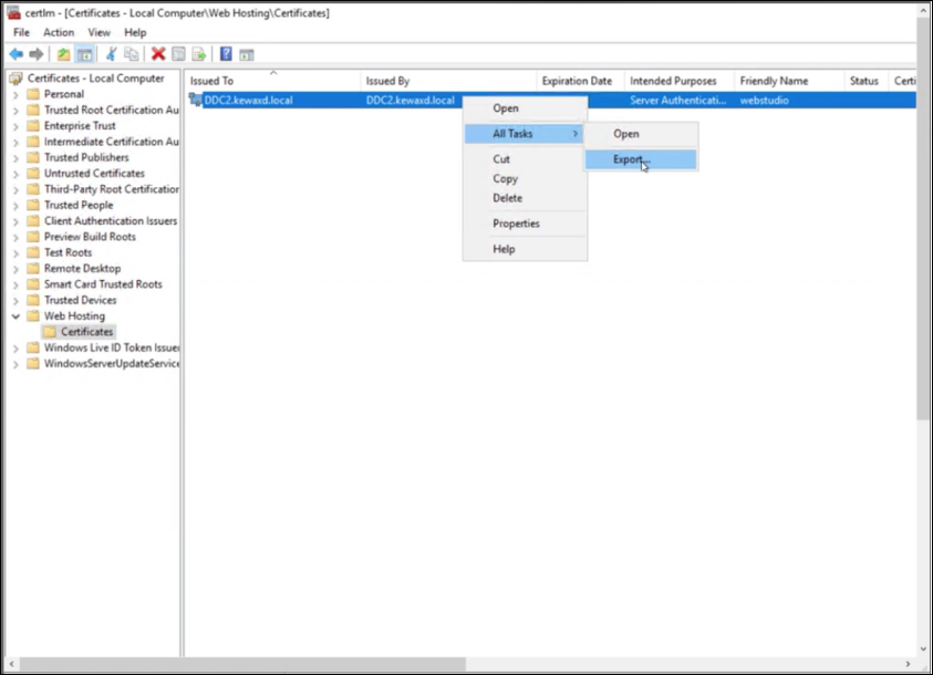 Screenshot of certificate management with Export menu