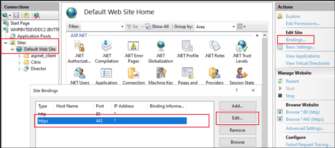 Screenshot highlighting how to open site bindings
