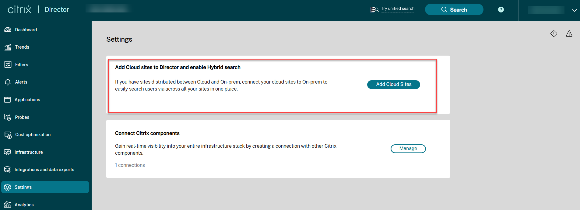 Unified search site settings