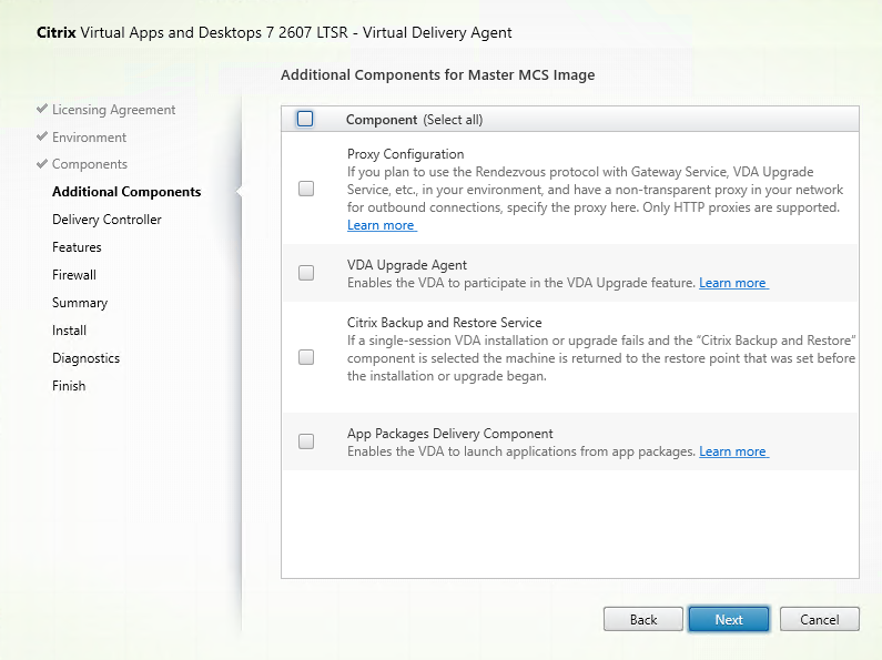 Additional Components page in VDA installer