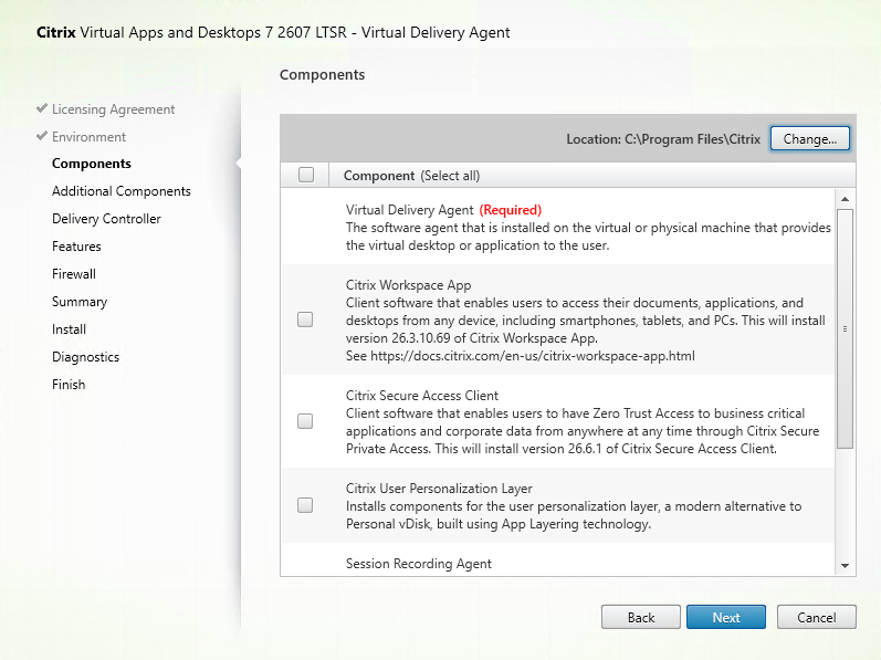 Components page in VDA installer