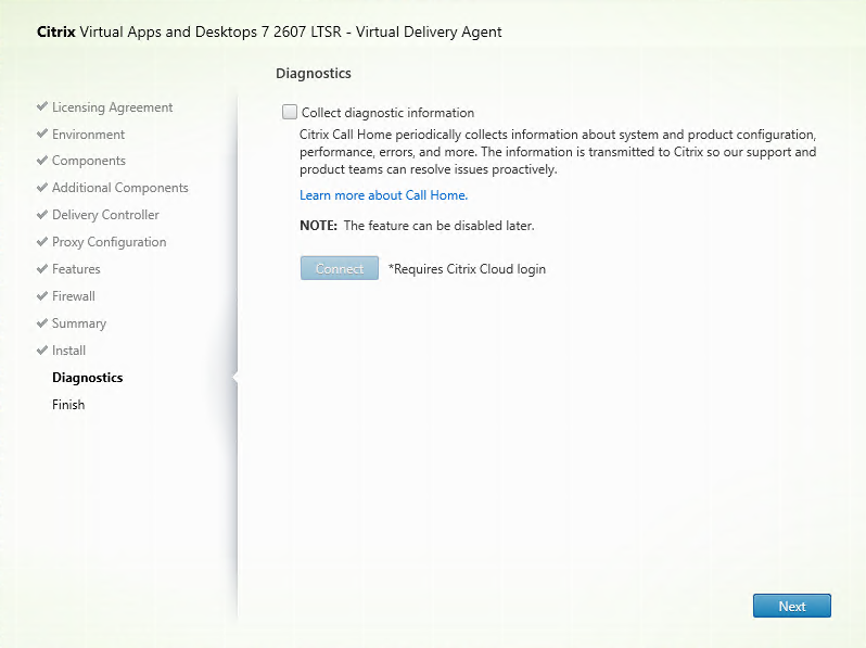 Diagnostics page in VDA installer