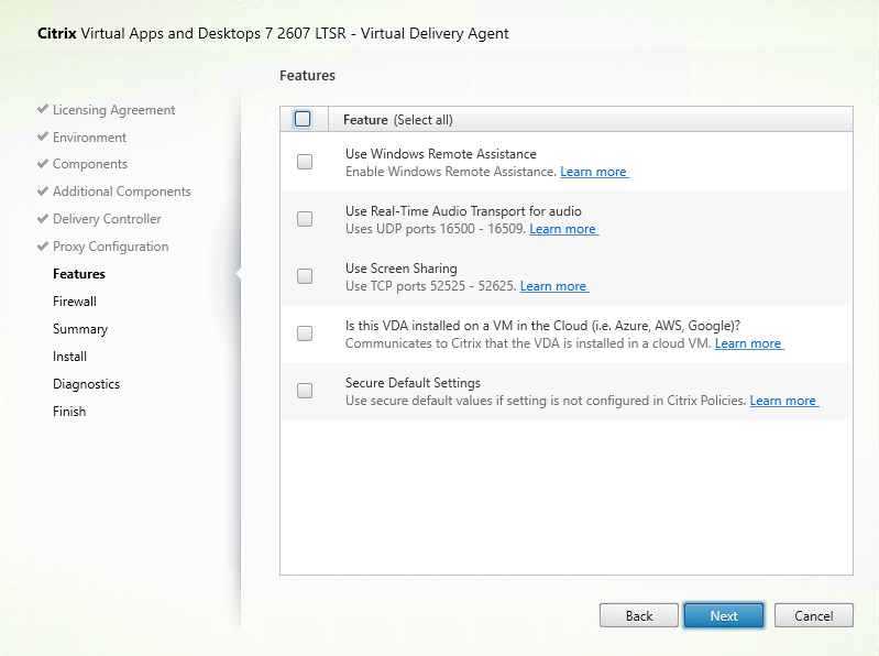 Features page in VDA installer