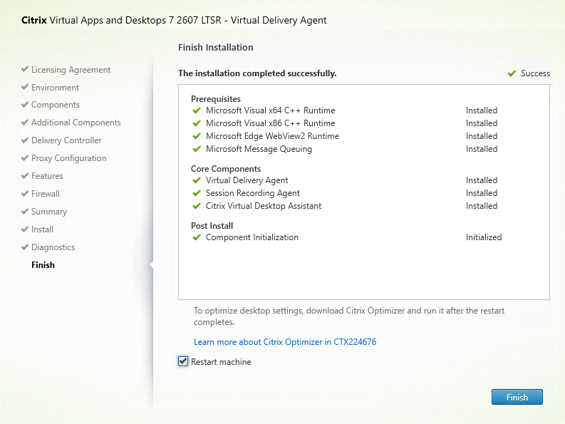 Finish Installation page in VDA installer