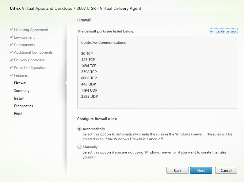 Firewall page in VDA installer