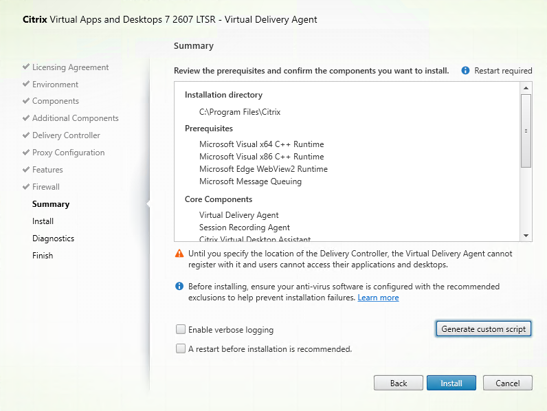 Summary page in VDA installer