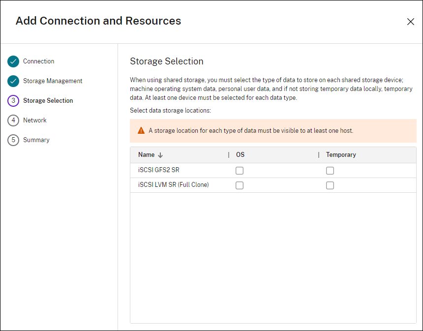 Storage selection page in the Create Connection wizard