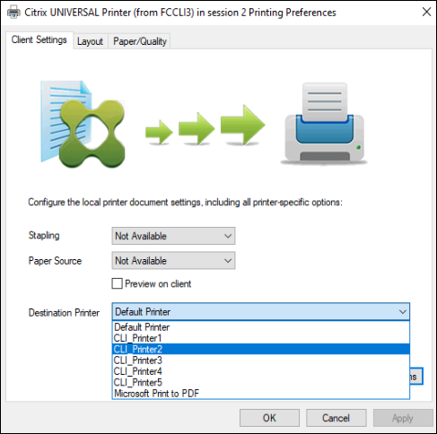 Citrixユニバーサルプリンターの印刷ダイアログボックス