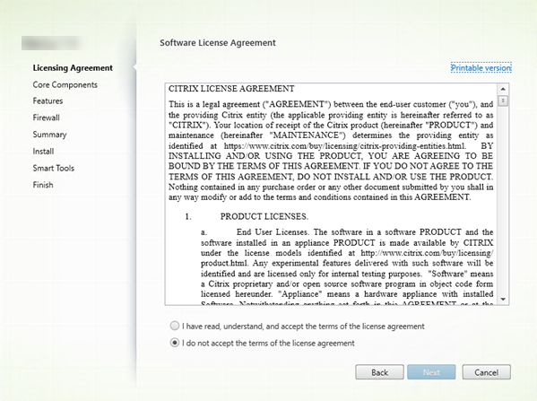 Página del contrato de licencia en el instalador de componentes