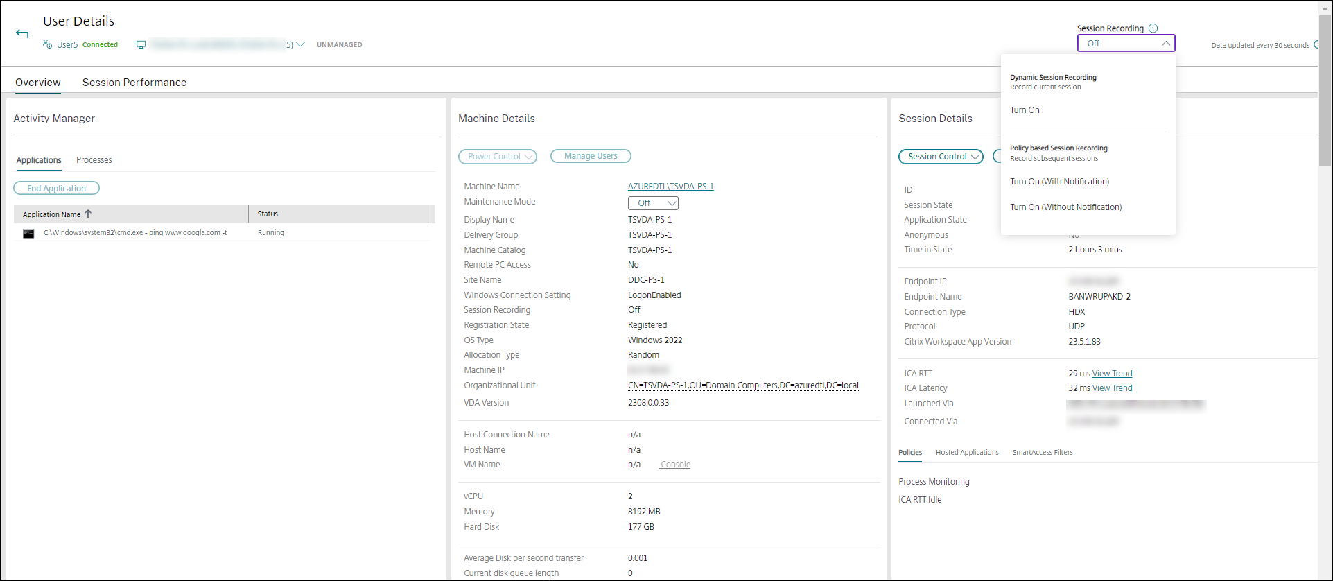 User details - Session recording