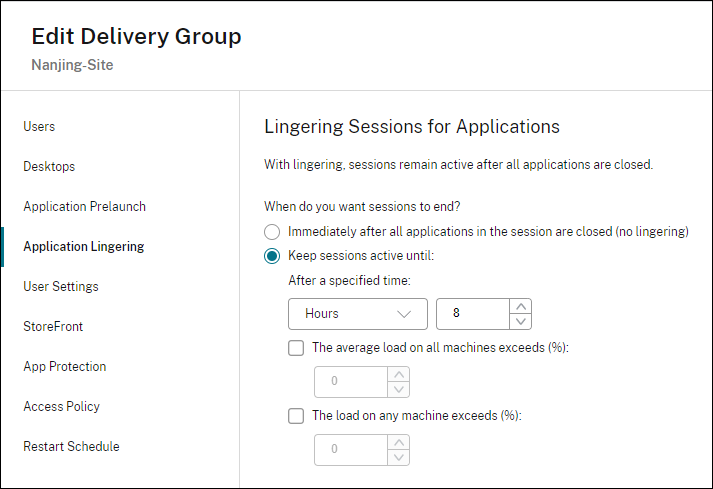 Pagina Lingering Sessions for Applications (Sessioni di permanenza delle applicazioni)