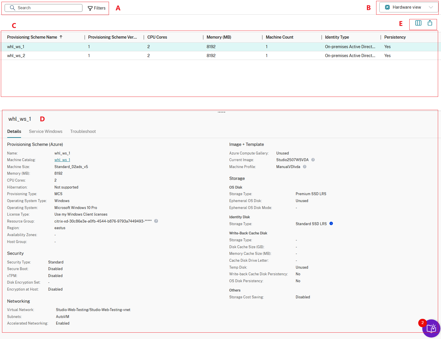 Machine Catalogs node > Hardware view