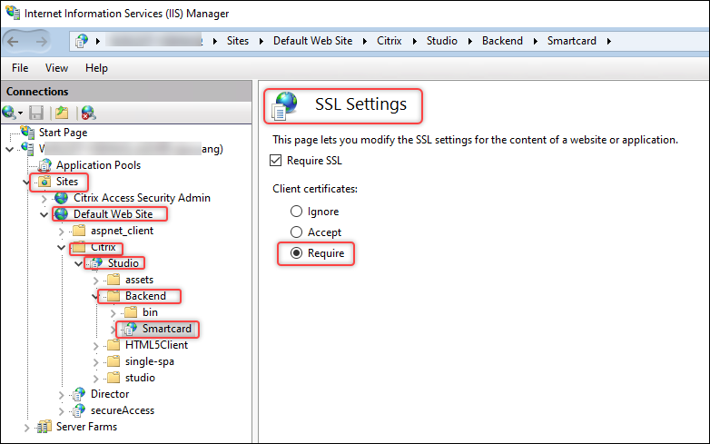 SSL pour le serveur IIS principal de la carte à puce obligatoire