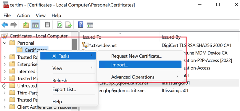 Console de gestion des certificats d'ordinateur