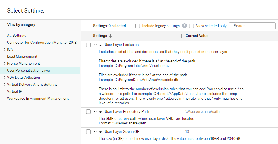 Select user layer policies