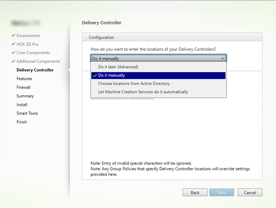 Delivery Controller page in the VDA installation wizard