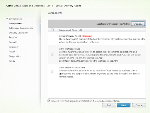 Components page in VDA installer