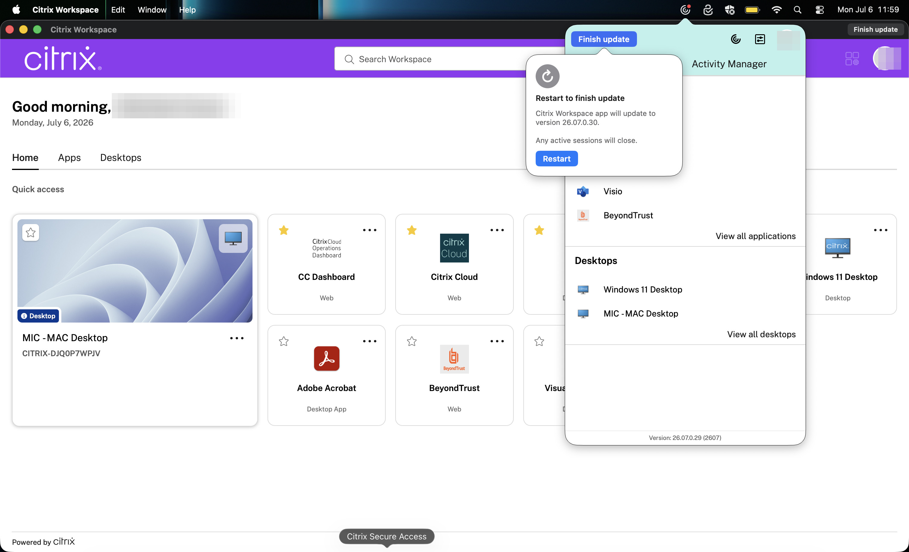 Update Restart Now Quick Access Menu