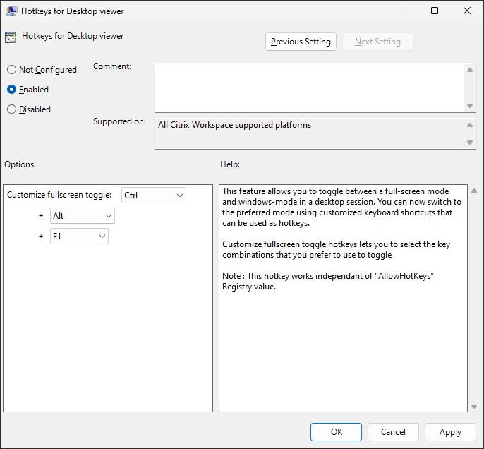Captura de pantalla de los parámetros de la directiva de grupo para Teclas de acceso rápido para Desktop Viewer