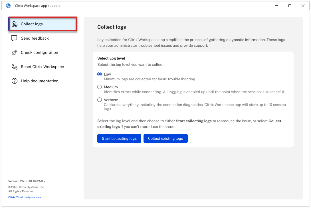 Redesigned Support Collect Logs Settings