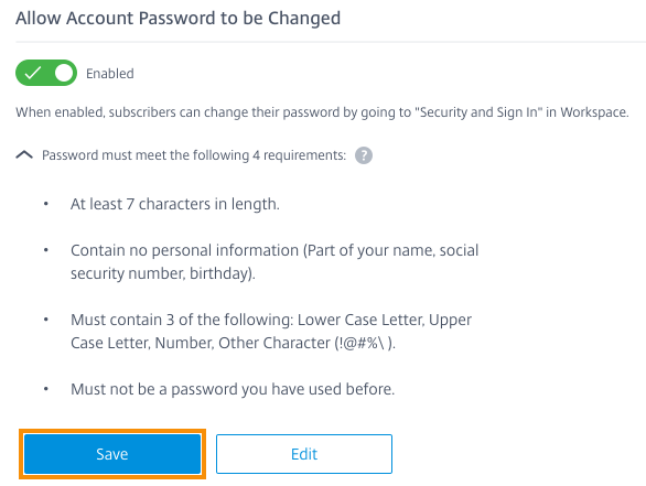 Allow Account Password to be Changed setting with password requirements